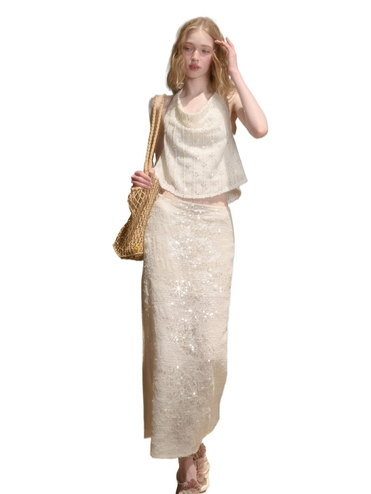 Embroidered Sequin Knit Top &amp; Skirt Set
