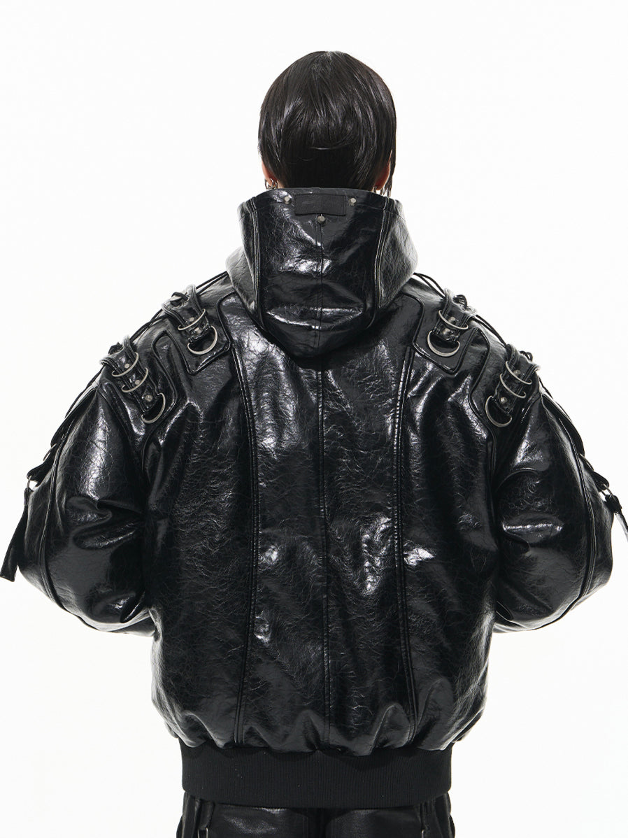 Heavy-Duty Hooded Aviator Leather-Texture Cotton Jacket