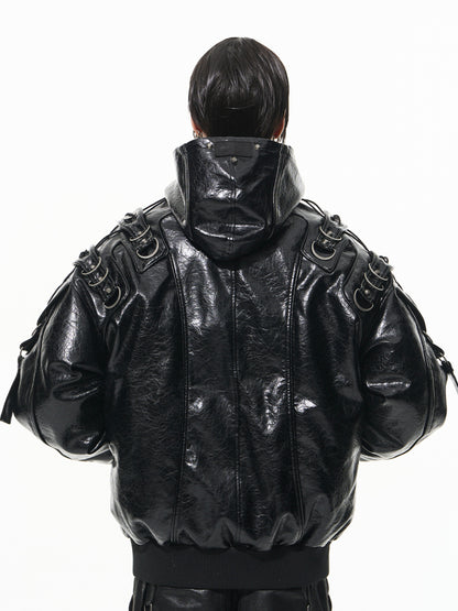 Heavy-Duty Hooded Aviator Leather-Texture Cotton Jacket