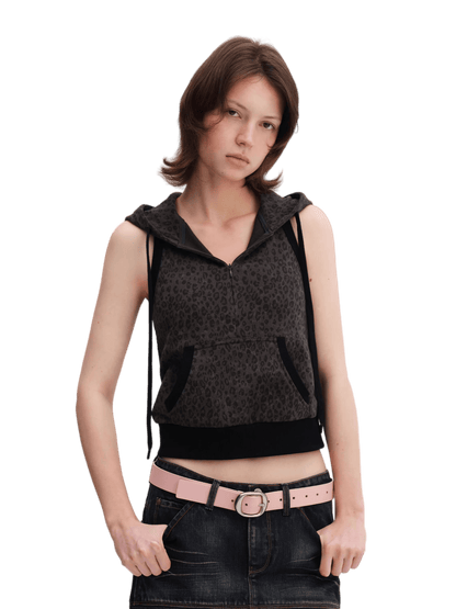 Cool-Tone Leopard Hooded Sleeveless Hoodie