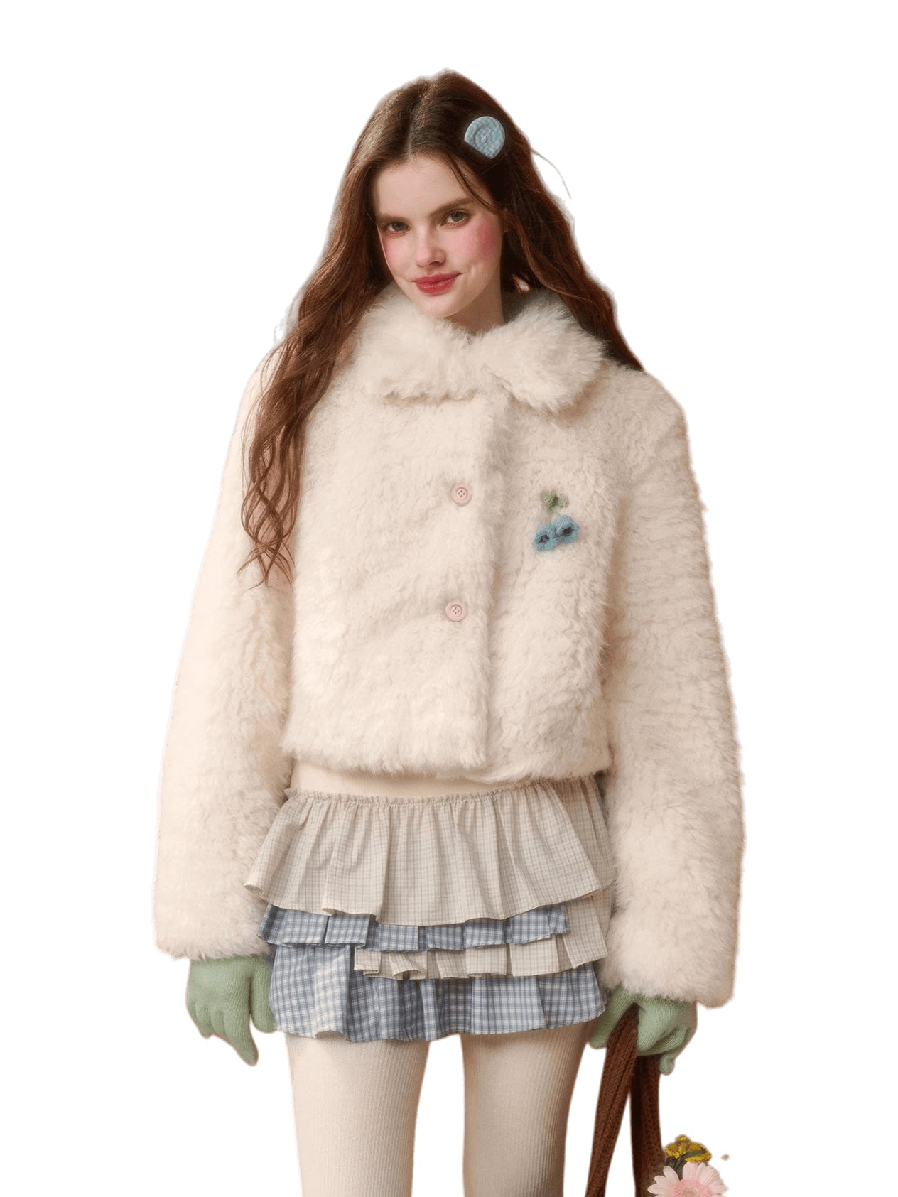 Cranberry Snow Plush Faux Fur Short Jacket