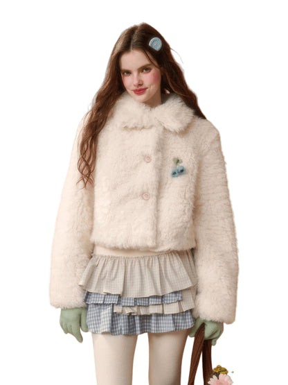 Cranberry Snow Plush Faux Fur Short Jacket