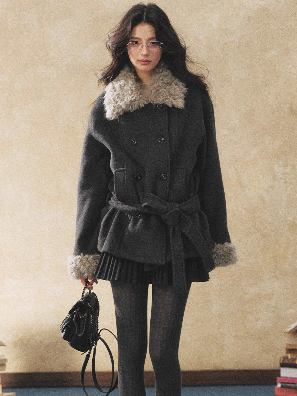 Fur Collar Tie-Waist Wool-Blend Jacket