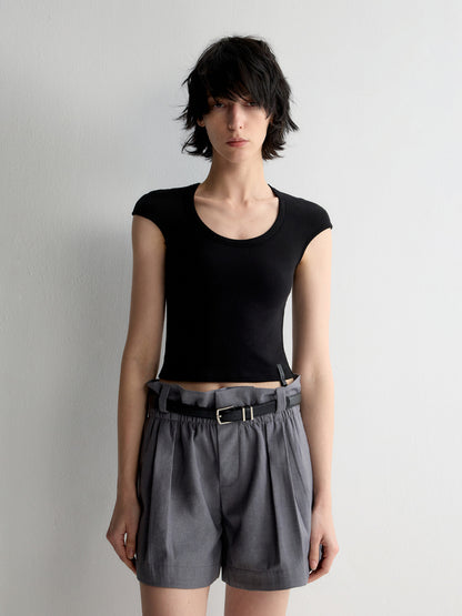 Deep U-Neck Ruffled Short Sleeve T-shirt