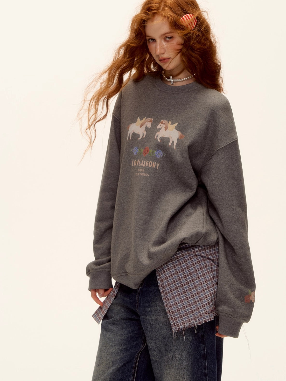Floral Pony Print Fleece-Lined Pullover Sweatshirt