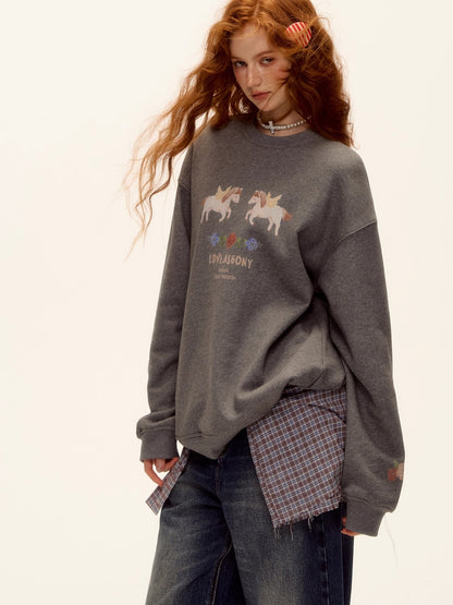 Floral Pony Print Fleece-Lined Pullover Sweatshirt