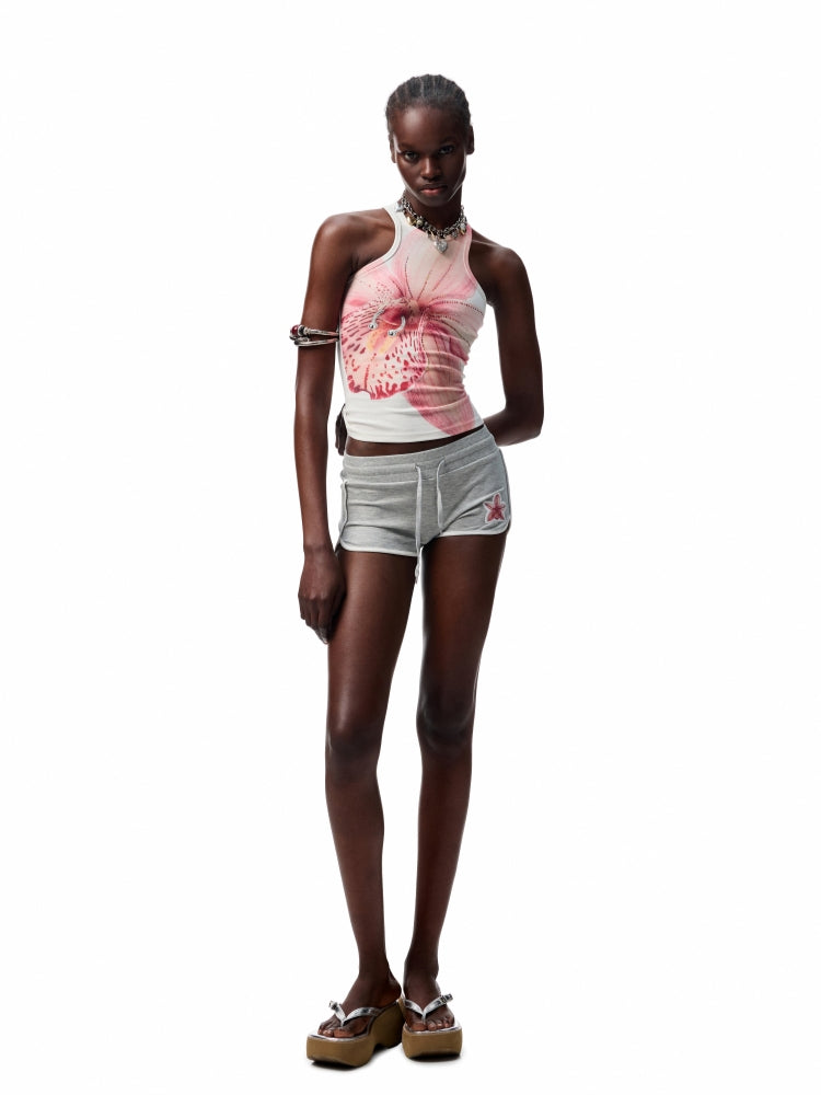 Flower Embroidered Rhinestone Sports Shorts