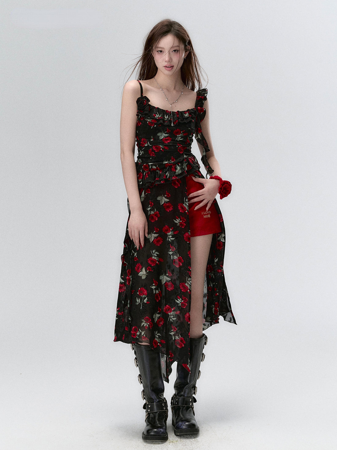 Detachable Square Neck Floral Midi Dress - CHINASQUAD