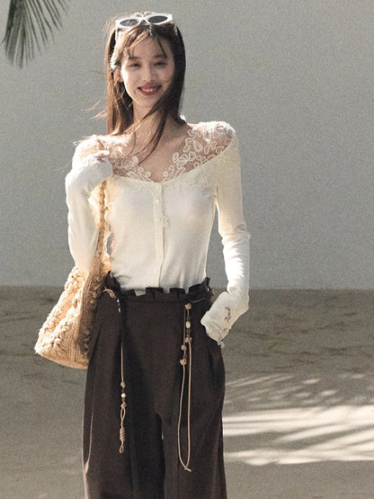 Sculpted Lace-Trim V-Neck Fitted Knit Cardigan