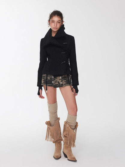Wool Blend Horn Button High-neck Jacket