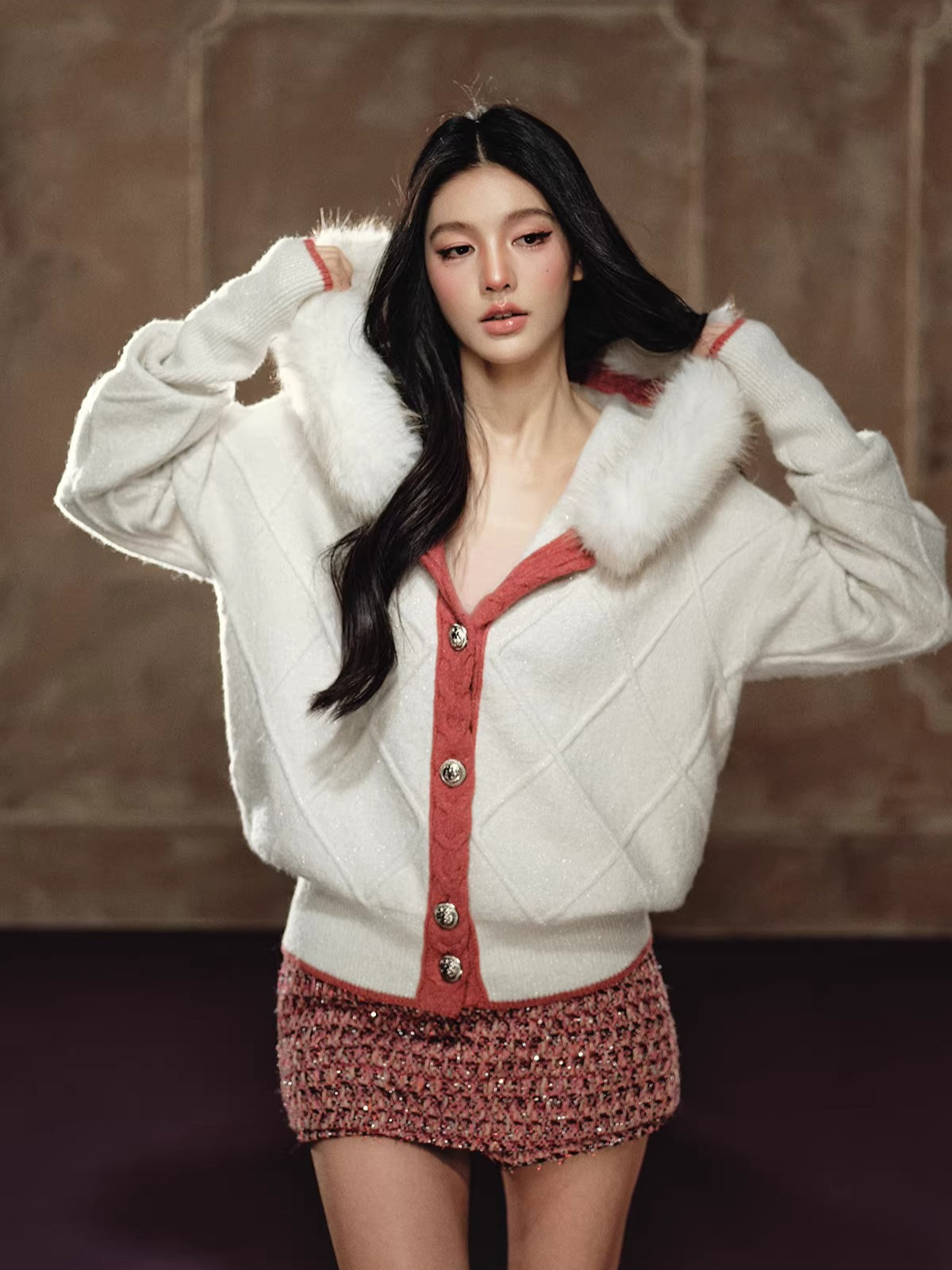 Detachable Fur-Collar Argyle Hooded Knit Cardigan