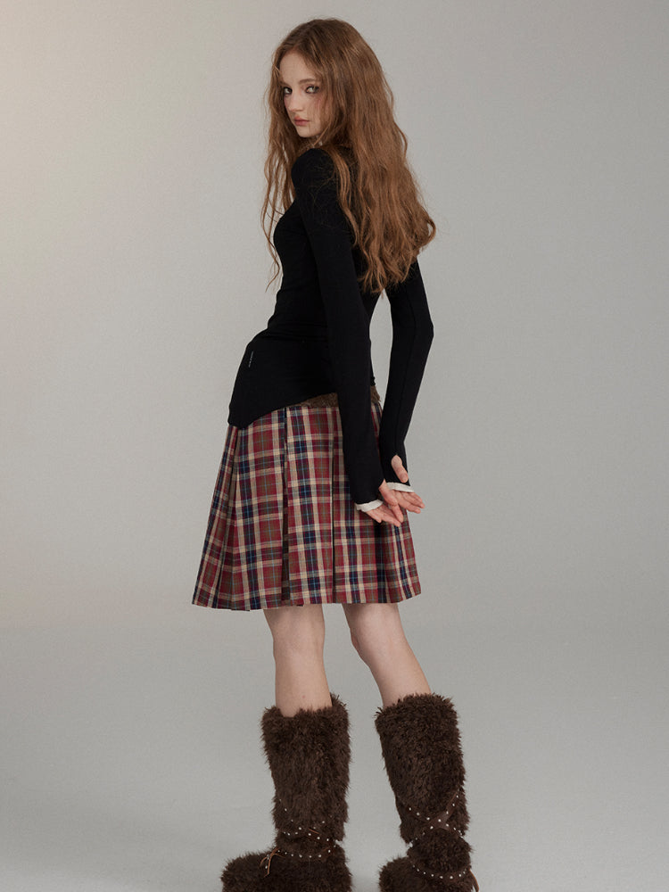 Patchwork Button Wool Pleated Skirt