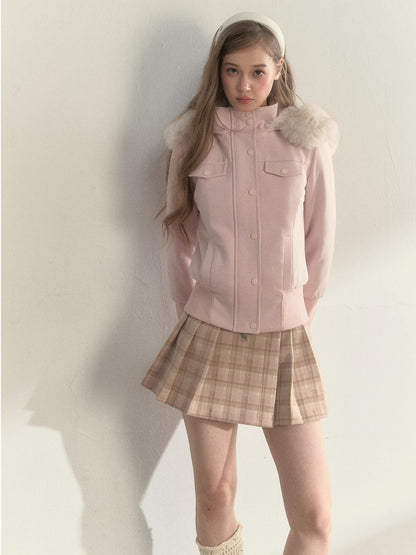 Vintage Plaid Wool Leather Buckle Pleated Skirt