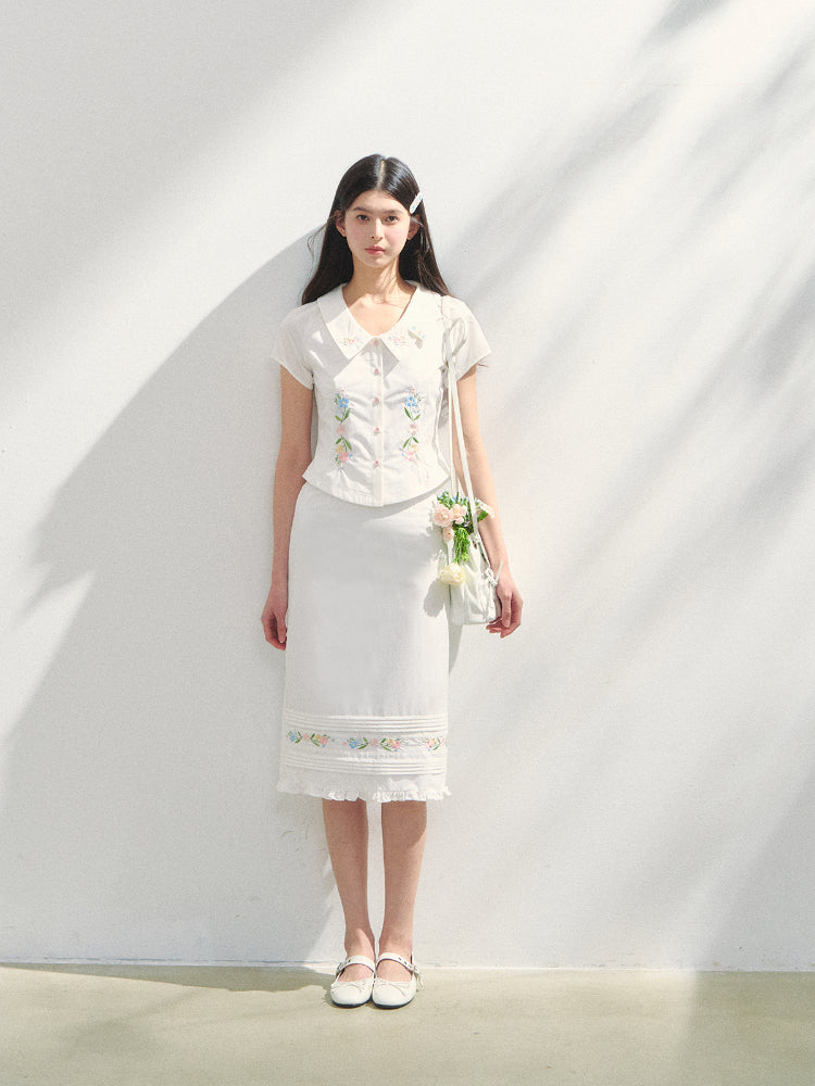Embroidered Short-sleeve Waist-cinching Shirt &amp; Skirt Set