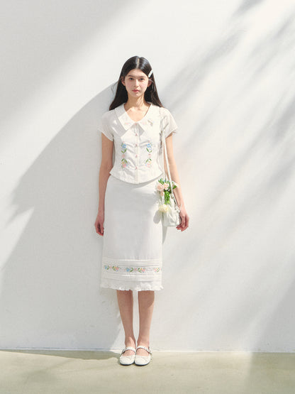 Embroidered Short-sleeve Waist-cinching Shirt &amp; Skirt Set