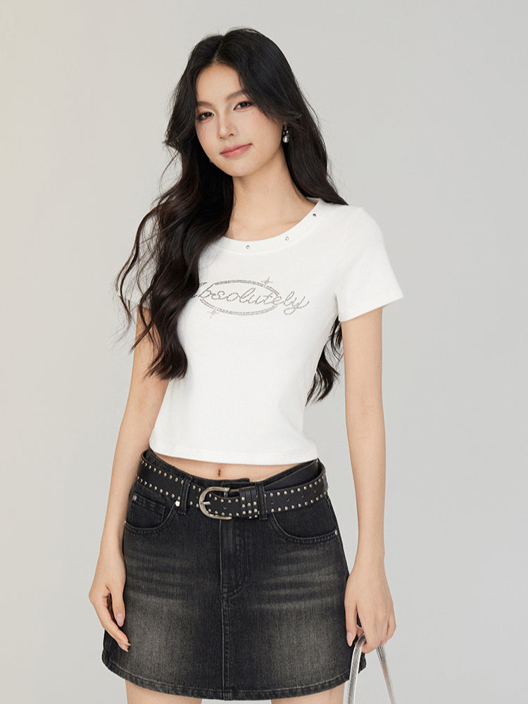 Rivet-Rhinestone Regular Shoulder T-shirt
