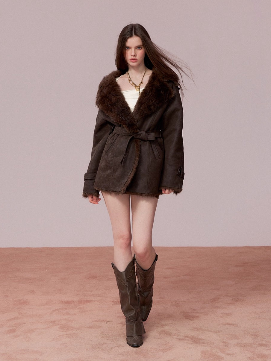 Faux Shearling-Lined PU Belted Coat