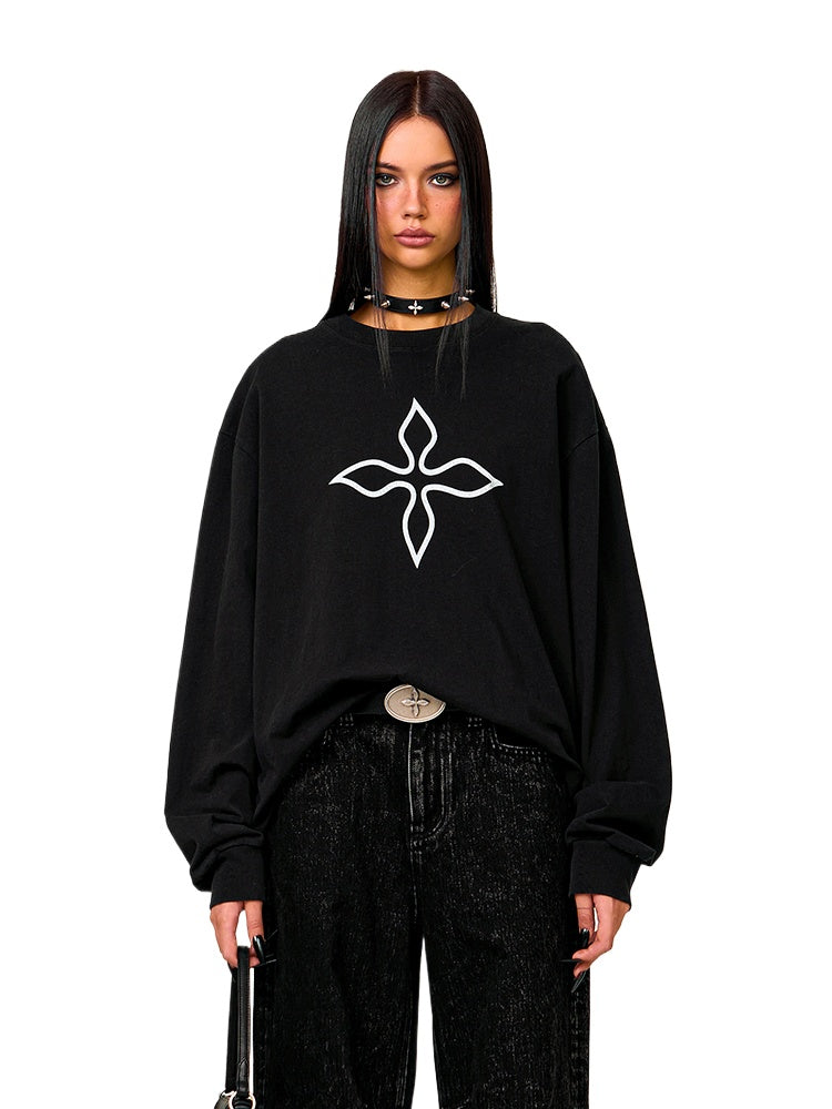 Black Print Loose-Fit Pullover Sweatshirt