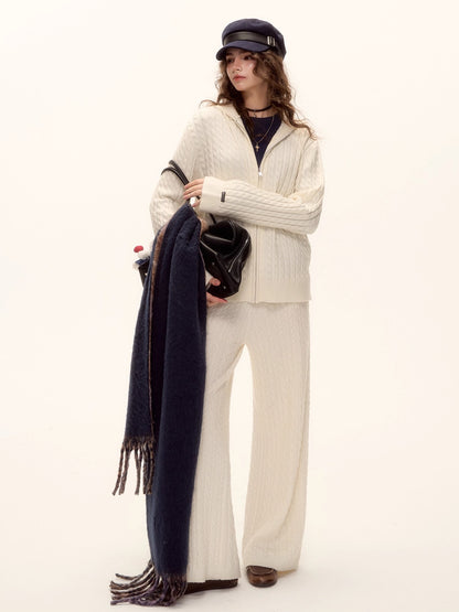 Wool Blend Cable Knit Zipped Hoodie &amp; Wide-Leg Pants Set
