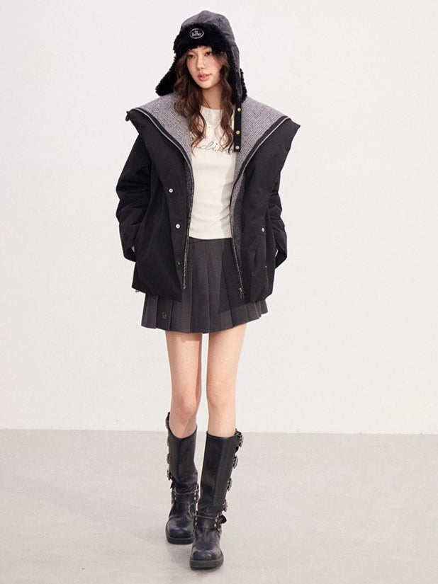 Belted Contrast-Knit Collar Down Coat