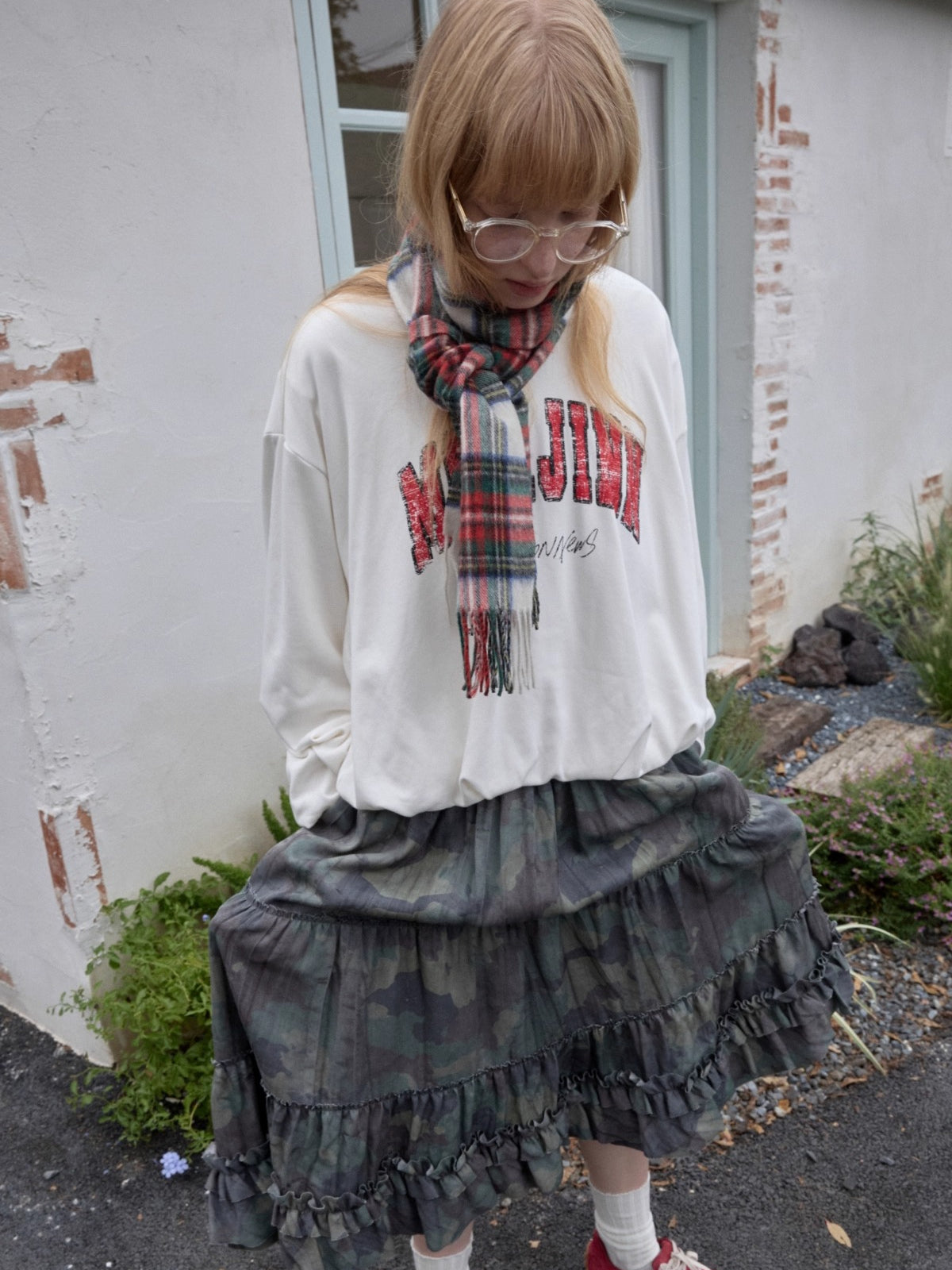 Camouflage Raw-Edge Ruched Layered Skirt
