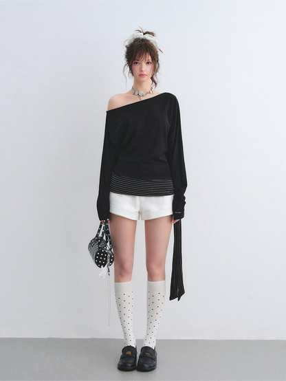 Asymmetric Batwing Sleeve Striped Tie-Hem Long Sleeve Top