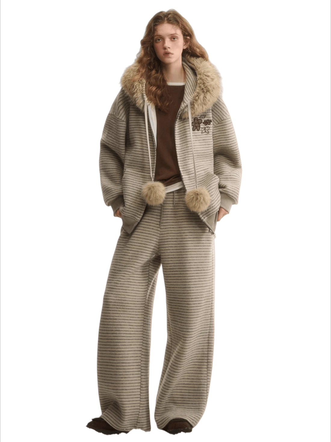Plush Plaid Patchwork Jacket &amp; Straight-Leg Pants Set