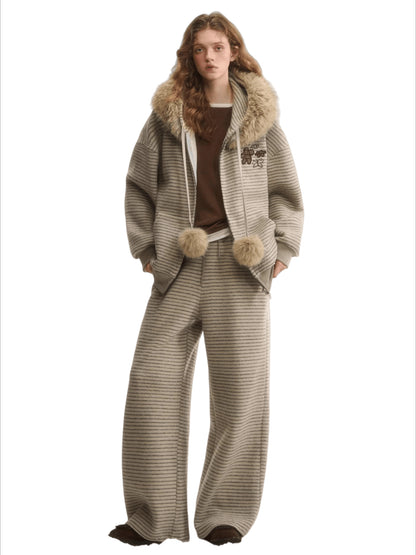 Plush Plaid Patchwork Jacket &amp; Straight-Leg Pants Set