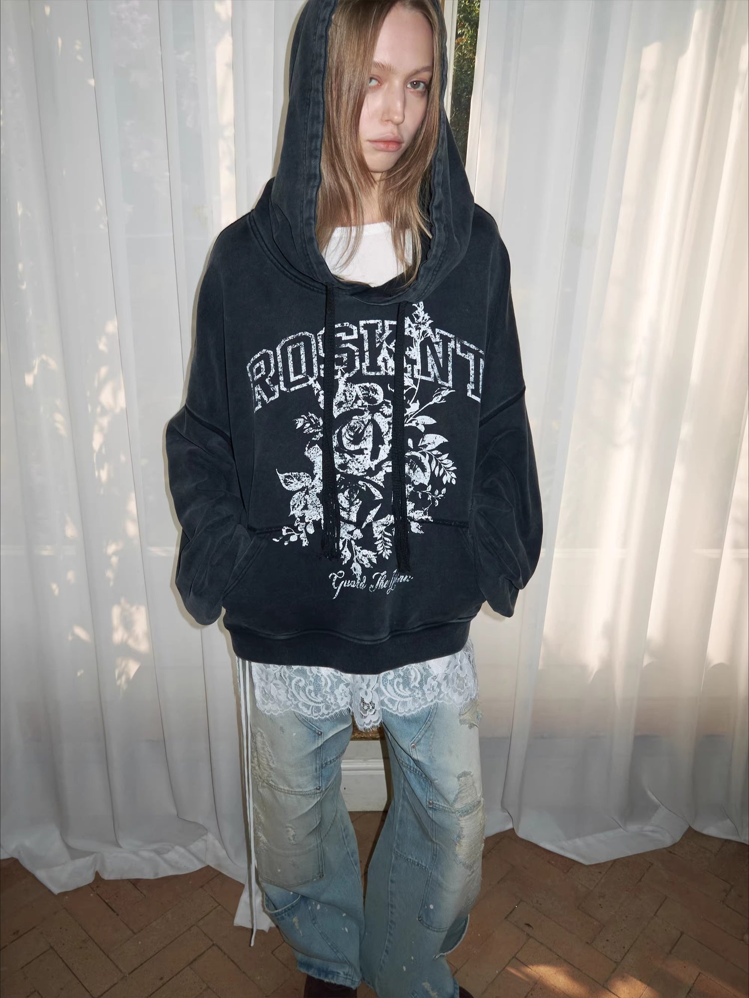 Print Slouchy Sleeve Washed Hoodie