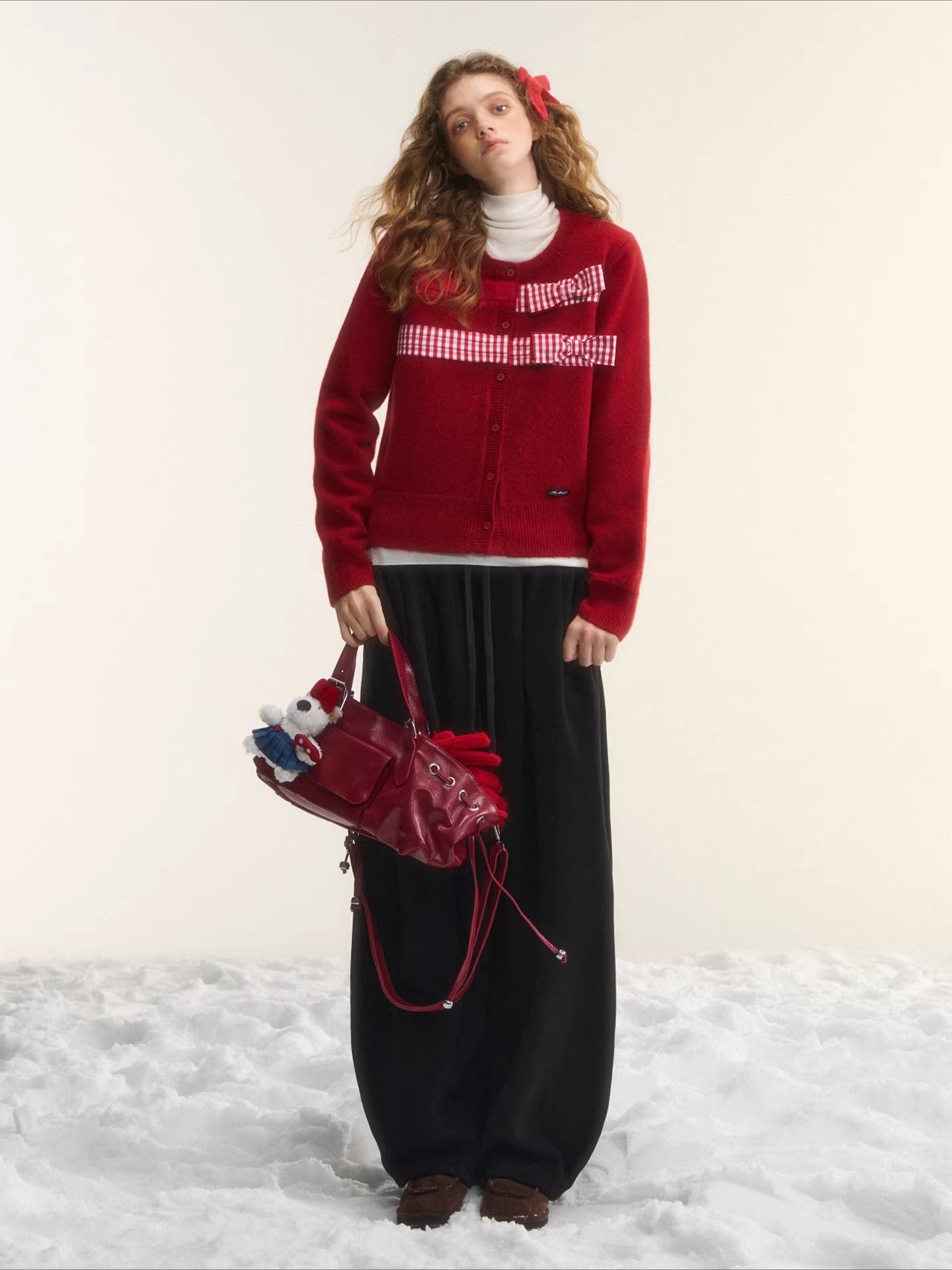 Vintage Checkered Patchwork Bow Knit Cardigan