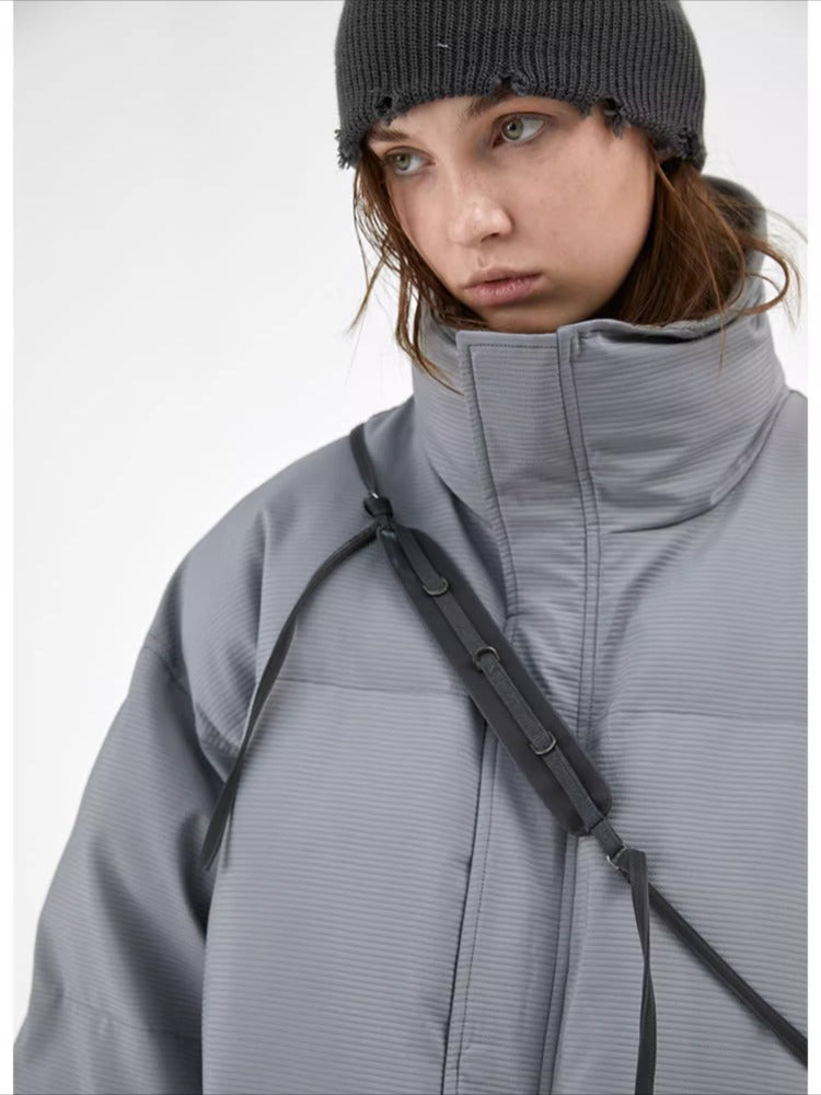 Textured Stripe-Panel Oversized Winter Puffer Jacket