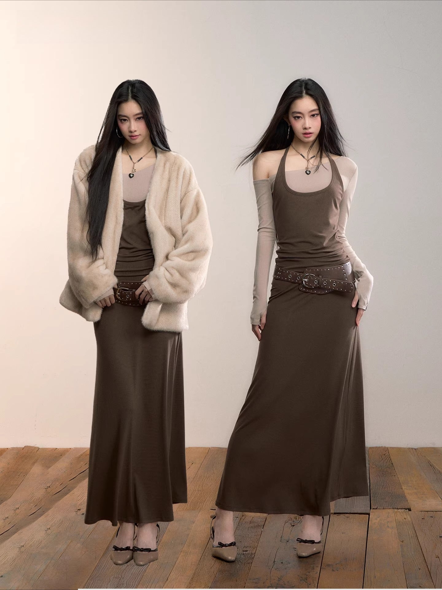 Contrast-Panel Off-Shoulder Layered Maxi Dress