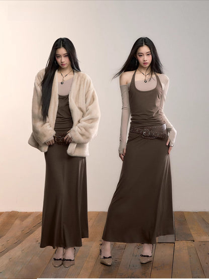 Contrast-Panel Off-Shoulder Layered Maxi Dress