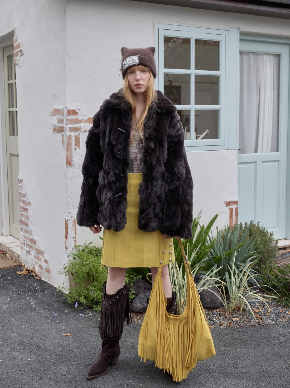 Suede Studded High-Waist Midi Skirt