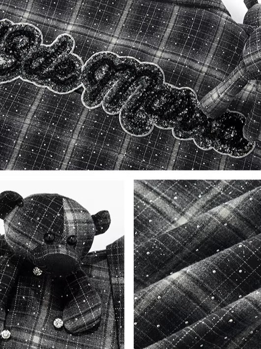 Vintage Plaid Crystal Bear Mid-Length Shirt