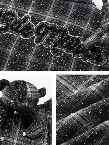 Vintage Plaid Crystal Bear Mid-Length Shirt