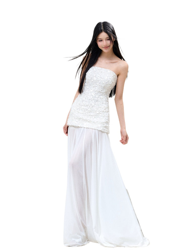 Sequin Mesh Strapless Dress