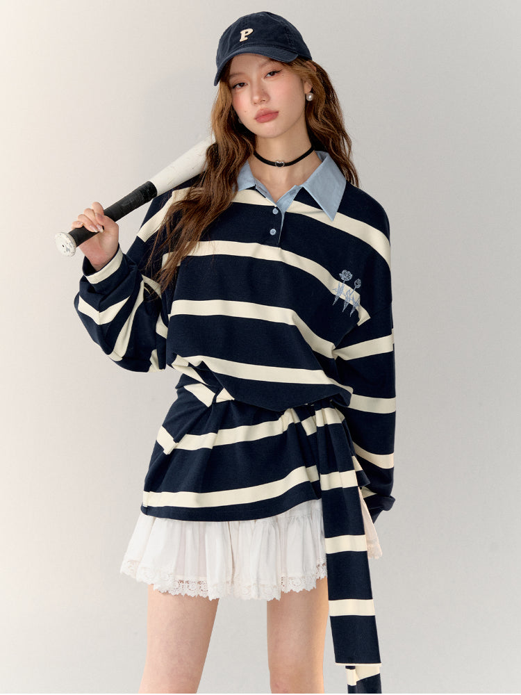 Color-block Rose Embroidery Striped Polo Dress