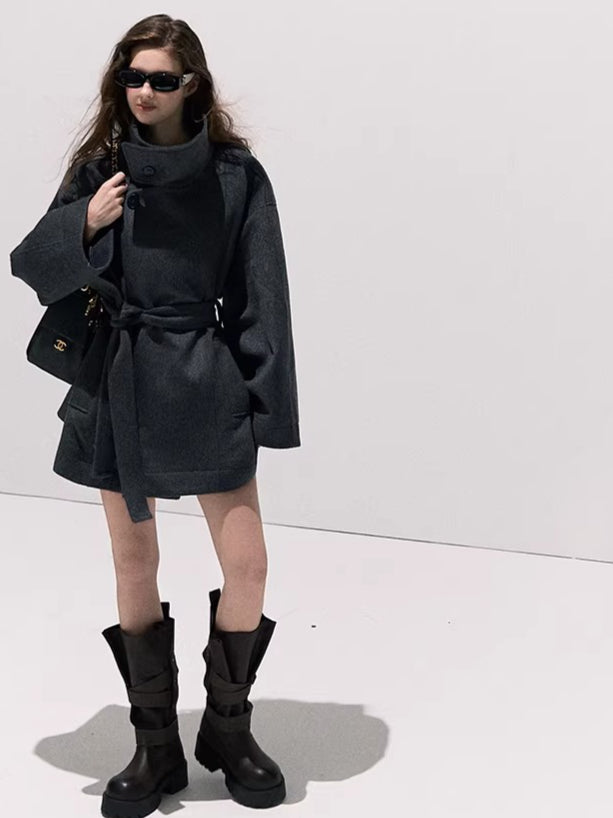Stand-Collar Pure Wool Tailored Coat