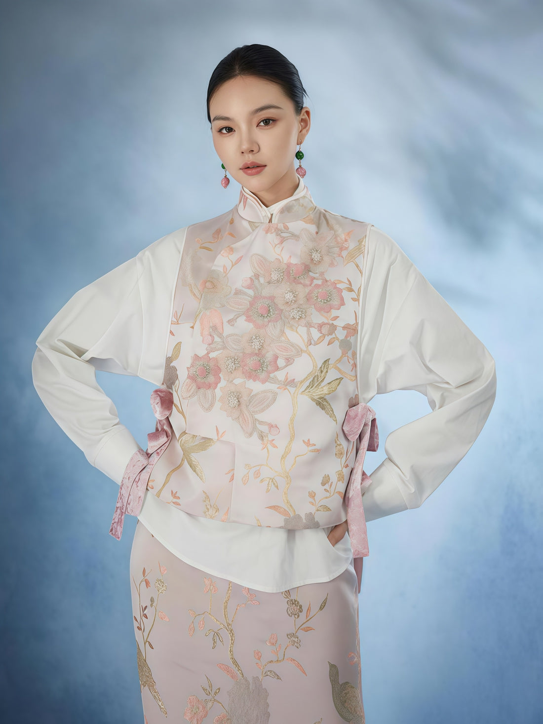 Blush Floral Brocade Mandarin Collar Set