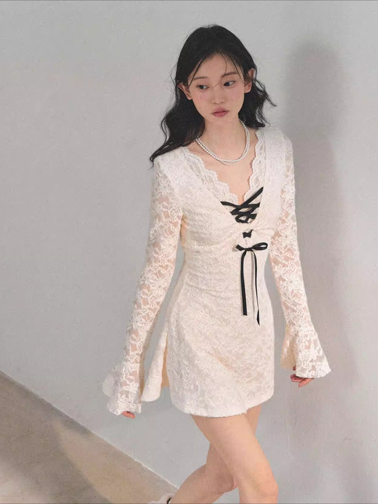 Lace Puff-Skirt V-Neck Mini Dress