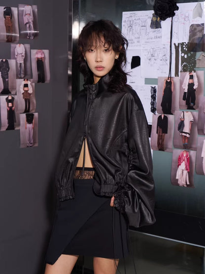 Leather-Texture Athletic Zip Jacket