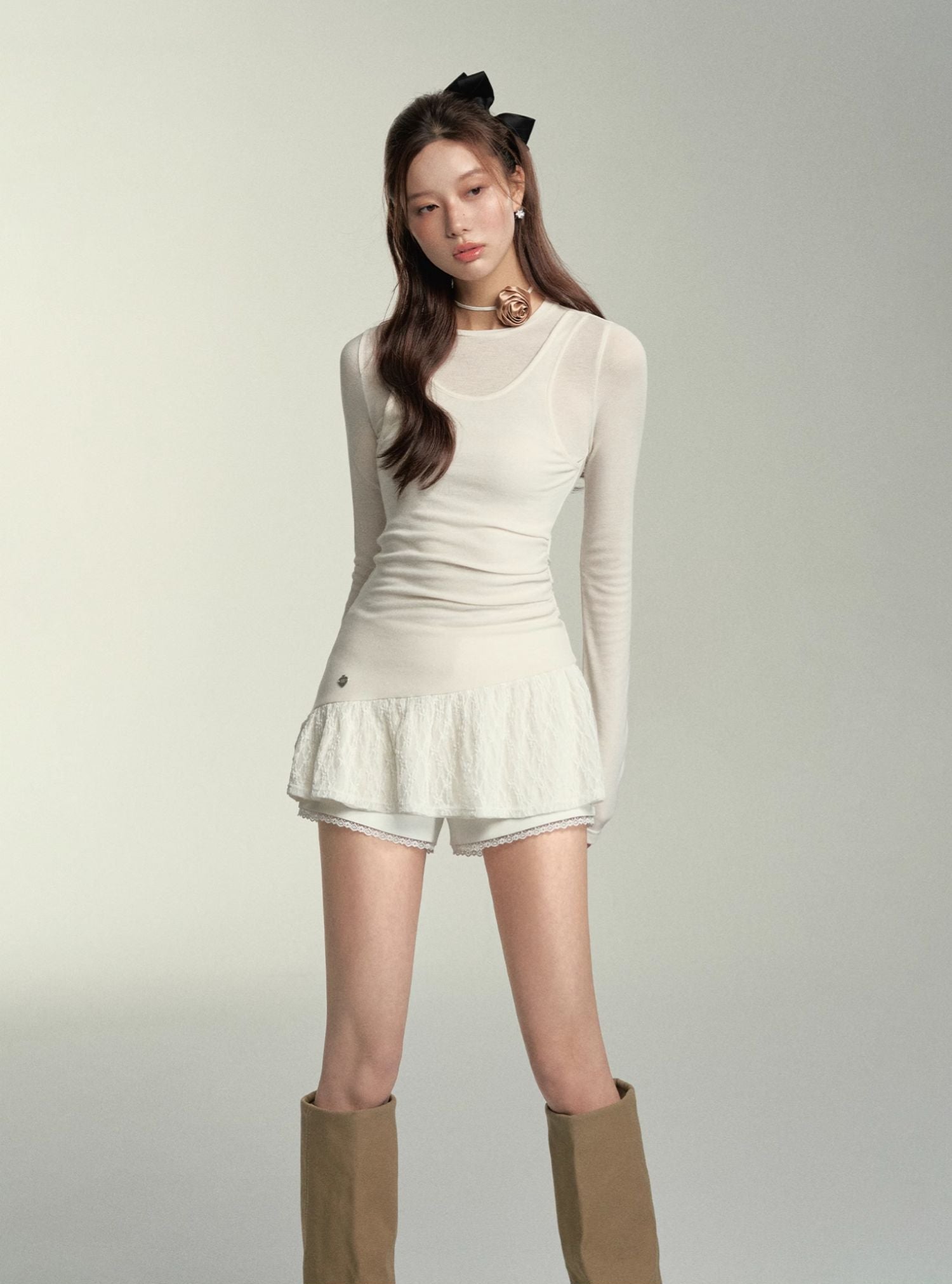 Black &amp; White Wool Lace Spliced Dress - CHINASQUAD