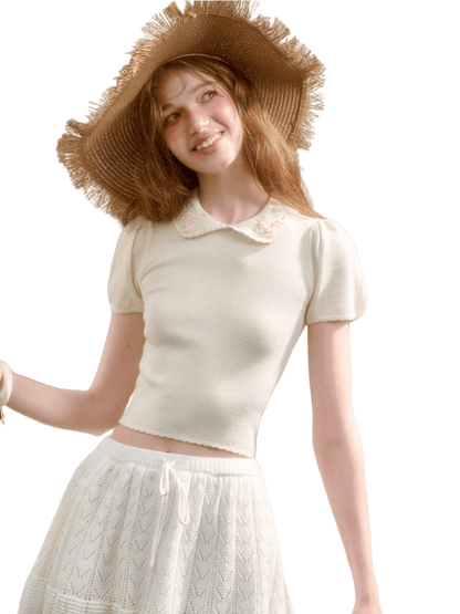Frozen Flower Ribbon Embroidered Knit Top