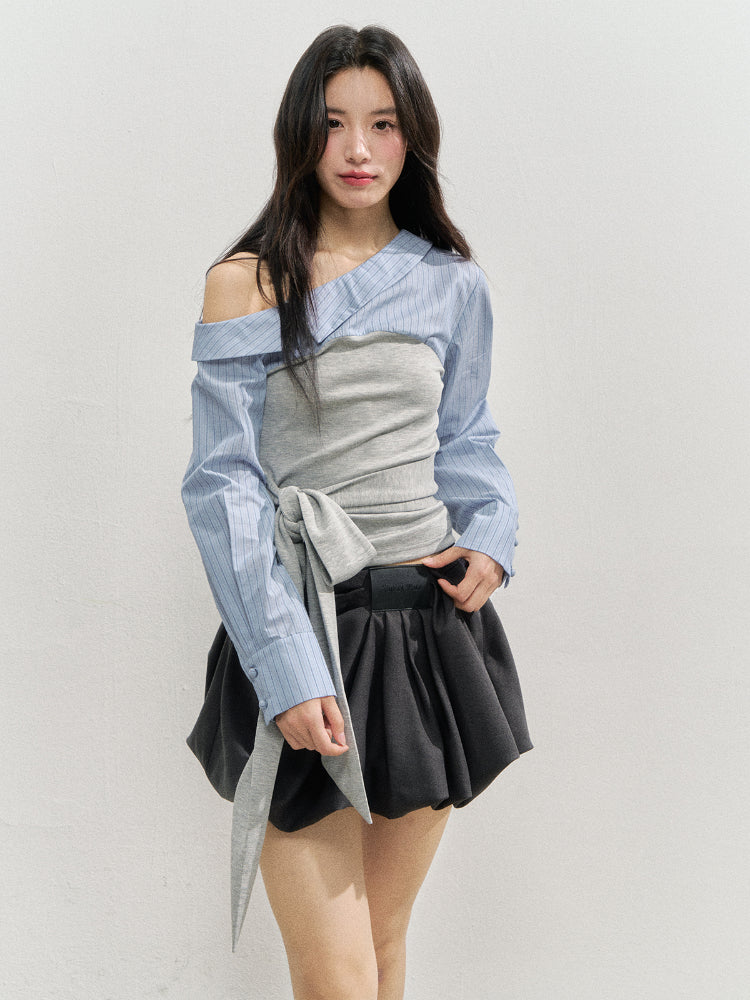 Asymmetric Shoulder Fake Two-Piece Striped Patchwork Blouse