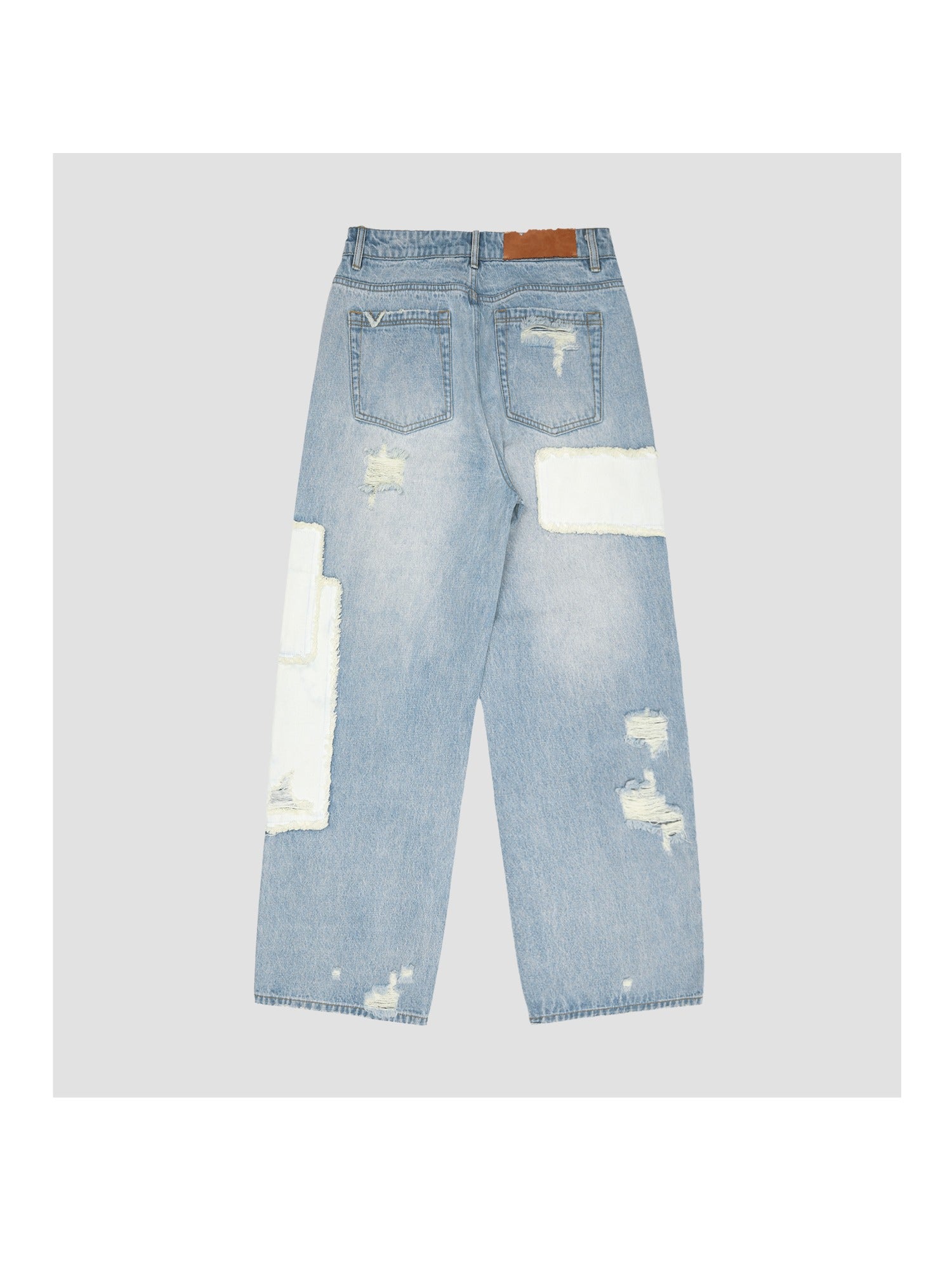 Asymmetric Patchwork Distressed Straight-Leg Jeans