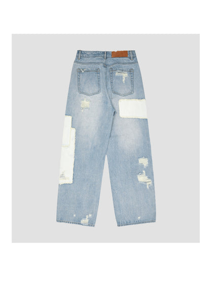 Asymmetric Patchwork Distressed Straight-Leg Jeans