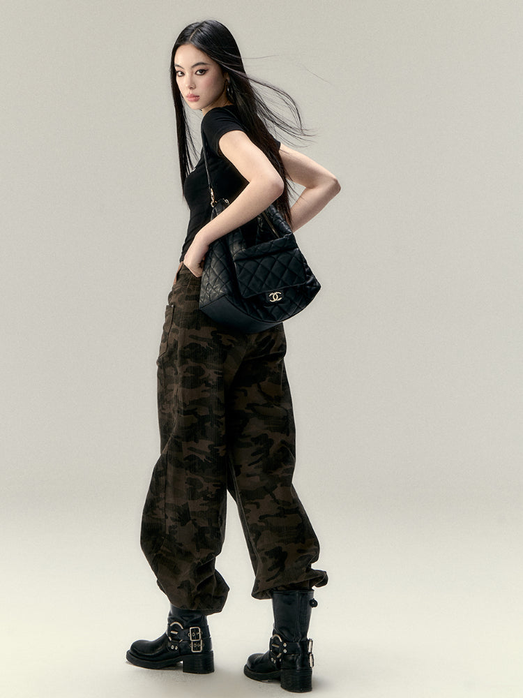 Leopard Print Camo Wide-Leg Cargo Pants