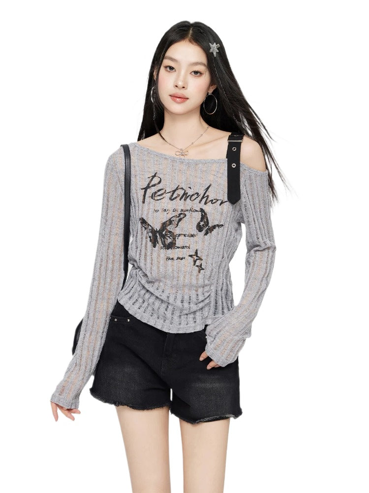 Gray &amp; Beige Hollow Off-shoulder Long Sleeve T-shirt