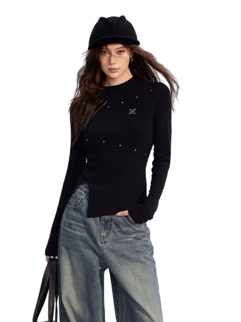 Slit Long-Sleeve Statement Base T-Shirt